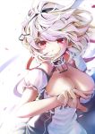  1girl anchor_choker apron azur_lane black_hairband breasts cleavage dress frilled_dress frills hairband imo_bouya lace-trimmed_hairband lace_trim large_breasts red_eyes short_hair short_sleeves simple_background sirius_(azur_lane) solo white_apron white_dress white_hair 