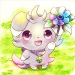  commentary_request espurr fang flower from_above fur gen_6_pokemon grass happy holding holding_flower jewelry kemoribon necklace no_humans open_mouth pokemon pokemon_(creature) purple_eyes smile solo standing tongue 