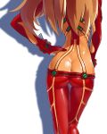  1girl ass bodysuit evangelion:_2.0_you_can_(not)_advance feet_out_of_frame from_behind hand_on_hip head_out_of_frame highres long_hair mrnn neon_genesis_evangelion orange_hair plugsuit rebuild_of_evangelion shadow shikinami_asuka_langley shiny shiny_clothes simple_background skin_tight souryuu_asuka_langley standing test_plugsuit white_background 