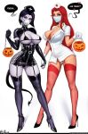  aroma_sensei breasts cleavage dc_comics elbow_gloves fishnets garter_straps gloves halloween halloween_costume holding_hands large_breasts mask nurse purple_hair raven_(dc) red_hair starfire tail thighhighs 