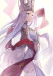 1girl crown dress eyelashes eyes_visible_through_hair fate/stay_night fate_(series) floating_hair from_side highres justeaze_lizrich_von_einzbern long_hair long_sleeves red_eyes sash silver_hair solo standing very_long_hair white_dress ycco_(estrella) 