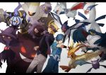  2boys black_sweater blonde_hair blue_hair blue_pants chandelure closed_mouth commentary_request crobat drifloon dusknoir falkner_(pokemon) gastly gen_1_pokemon gen_2_pokemon gen_3_pokemon gen_4_pokemon gen_5_pokemon gengar highres holding holding_poke_ball honchkrow legendary_pokemon lugia matsuhaya_senju mismagius morty_(pokemon) multiple_boys pants pidgeot poke_ball poke_ball_(basic) pokemon pokemon_(creature) pokemon_(game) pokemon_hgss purple_headband purple_scarf scarf short_sleeves skarmory smile sweater swellow wristband 