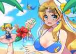  2girls android bangs beach beat_(rockman) bikini blonde_hair blue_bikini blue_eyes blush bow breast_hold breasts capcom cloud cocktail drink drinking_straw earrings eyebrows_visible_through_hair eyewear_on_head flower green_eyes hair_bow hat hat_flower holding holding_drink innertube jewelry kalinka_cossack large_breasts long_hair looking_at_viewer multiple_girls open_mouth robot rockman rockman_(classic) rockman_xover school_swimsuit sky smile summer sun_hat sunglasses swimsuit tobitori waving 
