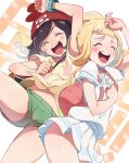  2girls :d arm_up bangs beanie black_hair blonde_hair blush bracelet closed_eyes commentary_request eyebrows_visible_through_hair eyelashes floral_print gotcha! green_shorts hat jewelry lillie_(pokemon) multiple_girls open_mouth pleated_skirt pokemon pokemon_(game) pokemon_sm red_headwear selene_(pokemon) shiny shiny_hair shirt short_shorts short_sleeves shorts skirt smile t-shirt teeth tied_shirt toku_(ke7416613) tongue white_shirt 