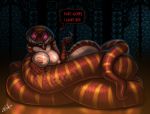  2018 absurd_res anthro apode beckoning big_breasts bleats breasts dialogue digital_media_(artwork) draconcopode english_text female fingers gesture glowing glowing_eyes hi_res looking_at_viewer marianna naga nipples non-mammal_breasts nude pupils reptile scalie seductive serpentine slit_pupils snake solo speech_bubble text 
