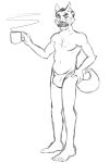  anthro asian_clothing barefoot black_and_white bulge canid canine canis clothed clothing coffee_cup dark_hair east_asian_clothing facial_hair fundoshi hand_on_hip japanese_clothing male mammal monochrome mustache simple_background sketch solo steam thegreatmatsutzu toothbrush_mustache topless underwear white_background wolf 