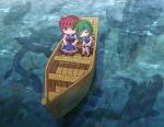  2girls asymmetrical_hair blush boat bow coelacanth fish green_hair head_on_another&#039;s_shoulder highres miniskirt multiple_girls onozuka_komachi puffy_short_sleeves puffy_sleeves red_eyes red_hair sea_monster shiki_eiki shoe_bow shoes short_hair short_sleeves skirt smile sweat touhou two_side_up unime_seaflower watercraft yuri 