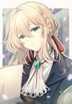  1girl blonde_hair blue_eyes bon@villa close-up holding holding_paper light_smile looking_down paper petals reading solo violet_evergarden violet_evergarden_(character) 