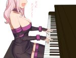 1girl :d a1 bare_shoulders black_legwear blush breasts choker cleavage commentary_request cosplay fate/stay_night fate_(series) fujiwara_chika head_out_of_frame instrument kaguya-sama_wa_kokurasetai_~tensai-tachi_no_renai_zunousen~ large_breasts long_hair open_mouth piano pink_hair purple_choker rider rider_(cosplay) simple_background sitting smile solo thighhighs translation_request white_background 