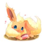  blue_eyes blush commentary_request fang flareon food_bowl full_body gen_1_pokemon heart looking_at_viewer lying no_humans on_stomach open_mouth paw_print pokemon pokemon_(creature) solo tongue ushiina white_background 