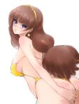  1girl amanogawa_kirara ass bangs bare_arms bare_shoulders breasts brown_hair covered_nipples earrings eyebrows_visible_through_hair go!_princess_precure hairband jewelry large_breasts long_hair precure purple_eyes simple_background solo star_(symbol) star_earrings suzu-batsu swimsuit teeth underboob very_long_hair white_background yellow_hairband yellow_swimsuit 