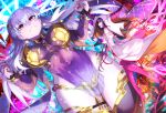  2girls armlet armor bangs bare_shoulders bikini_armor bracelet breasts collar david_lee detached_sleeves dress earrings fate/extra fate/extra_ccc fate/grand_order fate_(series) floral_print hair_ribbon halo jewelry kama_(fate/grand_order) large_breasts long_hair looking_at_viewer metal_collar multiple_girls pelvic_curtain purple_dress purple_legwear purple_sleeves red_eyes red_ribbon ribbon ring sesshouin_kiara silver_hair smile thighhighs thighlet thighs 