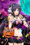  1girl :p bat blurry blush breasts candy candy_cane cleavage depth_of_field detached_collar food full_moon garter_straps green_eyes groin halloween halloween_basket long_hair love_live! love_live!_school_idol_project moon navel purple_headwear purple_sky shogo_(4274732) solo tongue tongue_out toujou_nozomi 