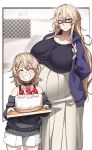  2girls alternate_costume big_belly black_shirt black_sweater blonde_hair blue_eyes blue_jacket breasts cake closed_eyes collarbone food glasses highres huge_breasts iowa_(kantai_collection) jacket kantai_collection long_hair long_sleeves multiple_girls off-shoulder_sweater off_shoulder open_clothes open_jacket pregnant red-framed_eyewear ryuun_(stiil) semi-rimless_eyewear shirt shorts smile standing sweater under-rim_eyewear very_long_hair white_shorts 