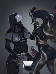  alien alien_humanoid armor armwear bodily_fluids breasts butt clothed clothing crotchless_clothing daro&#039;xen_vas_moreh demitsorou duo elbow_gloves erection eye_contact female genital_fluids genitals geth gloves handwear headgear helmet hi_res hood humanoid imminent_sex legion_(mass_effect) looking_at_another machine male male/female mass_effect nipples nude partially_clothed penis precum pussy quarian robot unusual_genitalia unusual_penis video_games 
