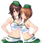  2girls artist_name bangs belt blush bracelet breasts brown_eyes brown_hair cleavage closed_mouth clothes_writing commission criss-cross_halter crop_top english_text eyebrows_visible_through_hair frilled_skirt frills garrison_cap girls_und_panzer green_headwear green_skirt halterneck hand_on_hip hat highres jewelry kuzuryuu_kennosuke leaning_forward logo looking_at_viewer medium_breasts midriff_peek miniskirt multiple_girls navel nishizumi_maho nishizumi_miho pacific_racing_team race_queen shirt short_hair siblings signature simple_background sisters skirt smile standing white_background white_belt white_shirt 