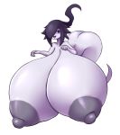  areola big_breasts big_butt breast_expansion breasts butt elfdrago expansion female floating ghost hair hi_res huge_breasts humanoid hyper hyper_breasts legless levitation nipples one_eye_obstructed purple_hair simple_background smile solo spirit white_body 