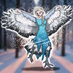  1:1 2020 absurd_res alternate_species avian beak bird blacksheeptfs braided_hair clothing disney dress feathered_wings feathers female frozen_(movie) hair hi_res human mammal open_mouth owl queen_elsa_(frozen) snow solo talons torn_clothing transformation white_body white_feathers wings yellow_eyes 
