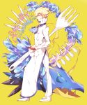  1boy apin apron blonde_hair clawitzer elite_four fork gen_6_pokemon holding holding_poke_ball long_sleeves looking_to_the_side male_focus pants poke_ball poke_ball_(basic) pokemon pokemon_(creature) pokemon_(game) pokemon_xy shoes short_hair siebold_(pokemon) symbol_commentary waist_apron white_footwear white_pants 