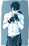  1boy abs belt biceps bracelet cigarette cowboy_shot crescent_necklace cu_chulainn_(fate)_(all) cu_chulainn_(fate/prototype) earrings fate_(series) fingerless_gloves gloves grin groin hoop_earrings jewelry keyhof lighting_cigarette long_hair looking_at_viewer male_focus male_pubic_hair muscle navel ponytail pubic_hair red_eyes shirtless smile smoking solo spiked_hair type-moon 