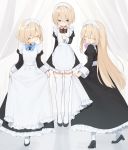  3girls absurdres alternate_costume apron arms_behind_back black_dress black_footwear blanc blue_neckwear blush bow bowtie buran_buta closed_eyes curtsey dress enmaided facing_another facing_to_the_side frilled_apron frilled_dress frills from_side full_body hair_between_eyes hand_on_own_chest high_heels highres long_dress looking_at_another looking_at_viewer maid maid_apron maid_headdress multiple_girls neptune_(series) open_mouth pink_neckwear ram_(neptune_series) red_neckwear rom_(neptune_series) short_hair siblings simple_background sisters skirt_hold smile thighhighs twins white_apron white_background 