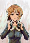  1girl absurdres adjusting_headphones aura bangs blue_jacket brown_eyes brown_hair commentary english_commentary girls_und_panzer green_shirt headphones headphones_around_neck highres huge_filesize jacket long_sleeves looking_at_viewer military military_uniform nico_jiang nishizumi_miho ooarai_military_uniform parted_lips shirt short_hair solo throat_microphone uniform 