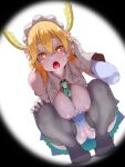  1girl adjusting_hair anus areolae bangs bare_shoulders between_breasts black_footwear blonde_hair breast_squeeze breasts breasts_outside censored commentary_request dragon_horns dutch_angle fangs gloves grey_legwear hair_between_eyes hand_on_own_knee highres horns kobayashi-san_chi_no_maidragon looking_at_viewer maid_headdress mak_neutral medium_breasts mosaic_censoring multicolored_eyes necktie necktie_between_breasts nipples no_panties open_mouth pussy saliva shoes slit_pupils solo squatting sweat thighhighs tohru_(maidragon) tongue tongue_out uvula white_gloves yellow_horns 