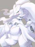  anthro blue_eyes blue_sclera breasts chest_tuft claws cleavage clothed clothing crotch_tuft female fluffy fur hair hand_on_breast legendary_pok&eacute;mon long_neck nintendo nude open_mouth pok&eacute;mon pok&eacute;mon_(species) pok&eacute;morph reshiram simple_background solo tuft ukan_muri video_games white_body white_fur white_hair 