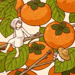  1girl 1other barefoot blush dated dress food fruit ghost hat kohei_nakaya leaf long_sleeves minigirl original persimmon profile short_hair signature smile straw_hat white_dress white_hair 