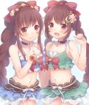  2girls :d amane_tsukasa amane_tsukuyo bikini bikini_skirt bikini_top blush bow braid braided_ponytail breasts brown_eyes brown_hair collar flat_chest flower hair_bow hair_flower hair_ornament highres kazane_mari looking_at_viewer magia_record:_mahou_shoujo_madoka_magica_gaiden magical_girl mahou_shoujo_madoka_magica medium_breasts multiple_girls navel open_mouth red_eyes sidelocks small_breasts smile standing swimsuit twin_braids twintails 