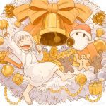  1girl 1other barefoot bell bow box christmas cookie drawstring food ghost gift gift_box holding holding_bell hood hood_down hoodie hoodie_dress kohei_nakaya long_sleeves orange_bow original ornament pinecone white_hoodie 