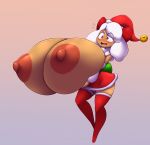  absurd_res anise_(elfdrago) areola bell big_breasts blush breast_expansion breasts brown_body christmas clothing dress elfdrago expansion female food food_creature food_humanoid hat headgear headwear hi_res holding_breast holidays huge_breasts humanoid hyper hyper_breasts nipples santa_hat solo standing 