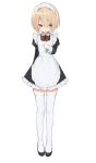  1girl absurdres alternate_costume apron arms_behind_back black_dress blanc blush bow bowtie buran_buta dress enmaided frilled_dress frills full_body hair_between_eyes hand_on_own_chest high_heels highres looking_at_viewer maid maid_apron maid_headdress neptune_(series) open_mouth red_neckwear short_hair simple_background solo thighhighs white_apron white_background 
