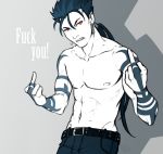  1boy abs angry artist_name belt biceps blue_hair bodypaint cu_chulainn_(fate)_(all) earrings fate/stay_night fate_(series) jewelry keyhof lancer long_hair male_focus middle_finger navel nipples pectorals ponytail red_eyes shirtless solo spiked_hair type-moon 