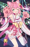  1girl ahoge animal_ear_fluff animal_ears armpits bell blush breasts cat_ears cherry_blossom_print earphones eyebrows_visible_through_hair floral_print gloves green_eyes hair_bell hair_ornament highres hololive kawaiipony2 leg_garter looking_at_viewer one_eye_closed open_mouth paw_gloves paw_print_pattern paws pink_hair sakura_miko sandals sideboob single_thighhigh thighhighs virtual_youtuber white_legwear 