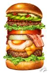 bacon cheese commentary cucumber_slice dated food fried_egg hamburger highres lettuce meat miwa_nagi no_humans original signature simple_background white_background 