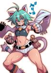  1girl animal_ears bell belt beryl_(shinrabanshou) breasts cat_ears cat_tail fingerless_gloves gloves green_eyes green_hair highres looking_at_viewer midriff navel open_mouth scarf shinrabanshou short_hair shorts smile solo tail tukiwani white_background 