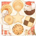  1girl 1other bandaid barefoot blush christmas closed_eyes cookie dated food ghost holding_cookie hood hoodie hoodie_dress kohei_nakaya long_sleeves open_mouth original oversized_food profile short_hair signature smile standing white_hair white_hoodie 