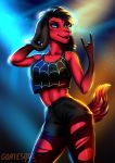  abs animal_crossing anthro belly canid canine canis cherry_(animal_crossing) clothing crop_top domestic_dog female goatesque hi_res mammal neon neon_lights nintendo piercing punk ripped_stockings shirt solo topwear video_games 