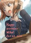  1girl artist_name bangs blue_jacket brown_eyes brown_hair character_name cloud cloudy_sky commentary dated day english_text eyebrows_visible_through_hair frown girls_und_panzer green_shirt hand_on_headphones hand_on_own_throat happy_birthday headphones highres jacket kuroneko_douji long_sleeves looking_to_the_side military military_uniform nishizumi_miho ooarai_military_uniform open_mouth outdoors shirt short_hair signature sky solo tank_cupola throat_microphone uniform 