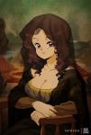  1980s_(style) 1girl artist_name bluethebone breasts brown_eyes brown_hair cleavage closed_mouth derivative_work fine_art_parody highres looking_at_viewer medium_hair mona_lisa oldschool own_hands_together parody renaissance smile solo veil 