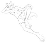  barefoot beastars black_and_white bottomwear claws clothed clothing hand_on_head hand_on_knee hand_on_leg legoshi_(beastars) lying male monochrome shorts simple_background sketch solo thegreatmatsutzu topless white_background 