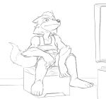  2020 5_fingers 5_toes anthro being_watched black_and_white box canid canine cheek_tuft clothing eyebrows facial_tuft fingers fox fox_mccloud fur hair head_tuft hi_res looking_at_another male mammal monochrome nintendo one_ear_up sitting solo star_fox television the-hydroxian toes tuft video_games watching_tv 