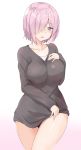  1girl black_panties blush breasts collarbone eyebrows_visible_through_hair fate/grand_order fate_(series) gradient gradient_background grey_sweater hair_over_one_eye highres large_breasts long_sleeves looking_at_viewer mash_kyrielight no_pants panties parted_lips pink_background pink_hair purple_eyes saku_(kudrove) short_hair simple_background solo sweater underwear upper_body white_background 