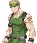 1boy bara bare_arms bare_shoulders blonde_hair bodysuit bulge chest covered_abs covered_nipples facial_hair green_bodysuit green_hairband hairband kienbiu male_focus muscle original punt_(kienbiu) short_hair sleeveless solo spiked_hair stubble thick_thighs thighs 