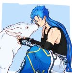  1boy 1other animal belt biceps blue_hair bracelet closed_eyes cu_chulainn_(fate)_(all) cu_chulainn_(fate/grand_order) dog earrings elbow_gloves fate/grand_order fate_(series) fingerless_gloves from_side gloves greaves jewelry keyhof long_hair male_focus sitting skin_tight smile spiked_hair tank_top type-moon vambraces white_wolf wolf 