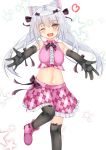  1girl ;d alternate_costume animal_ear_fluff animal_ears armpit_crease azur_lane bangs bare_shoulders black_bow black_gloves black_legwear blush bow breasts cat_ears collared_shirt commentary_request cowboy_shot crop_top elbow_gloves eyebrows_visible_through_hair frilled_gloves frills gloves hair_between_eyes hair_bow highres kasumasu_(tales75) large_breasts long_hair looking_at_viewer low_twintails midriff navel one_eye_closed open_mouth pink_footwear pink_shirt pink_skirt shirt shoes sidelocks silver_hair skindentation skirt sleeveless sleeveless_shirt smile solo standing standing_on_one_leg starry_background thighhighs twintails white_background yellow_eyes yukikaze_(azur_lane) zettai_ryouiki 
