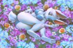  2020 3:2 4_toes 5_fingers anthro bra breasts cleavage clothed clothing eyes_closed female fingers flower_field fur lagomorph leporid mammal miles_df panties rabbit solo toes underwear white_body white_fur 