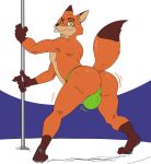  2019 a-side anthro big_bulge brown_body brown_fur bulge butt canid canine clothed clothing dancing disney fox fur green_eyes hi_res looking_at_viewer male mammal nick_wilde orange_body orange_fur panties pawpads paws pole pole_dancing shaking_butt solo tongue tongue_out topless underwear zootopia 