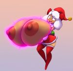 absurd_res anise_(elfdrago) areola bell big_breasts blush breast_expansion breasts brown_body christmas clothing dress elfdrago expansion female food food_creature food_humanoid glowing hat headgear headwear hi_res holding_breast holidays huge_breasts humanoid hyper hyper_breasts nipples santa_hat solo standing 